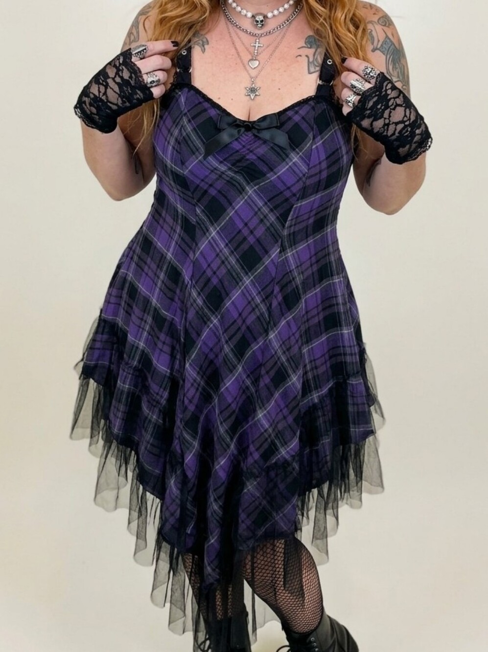 RARE Vintage Lip Service Purple Plaid Ruffle Dress w/Lace Trim & Tuelle, Pockets - Picture 14 of 14